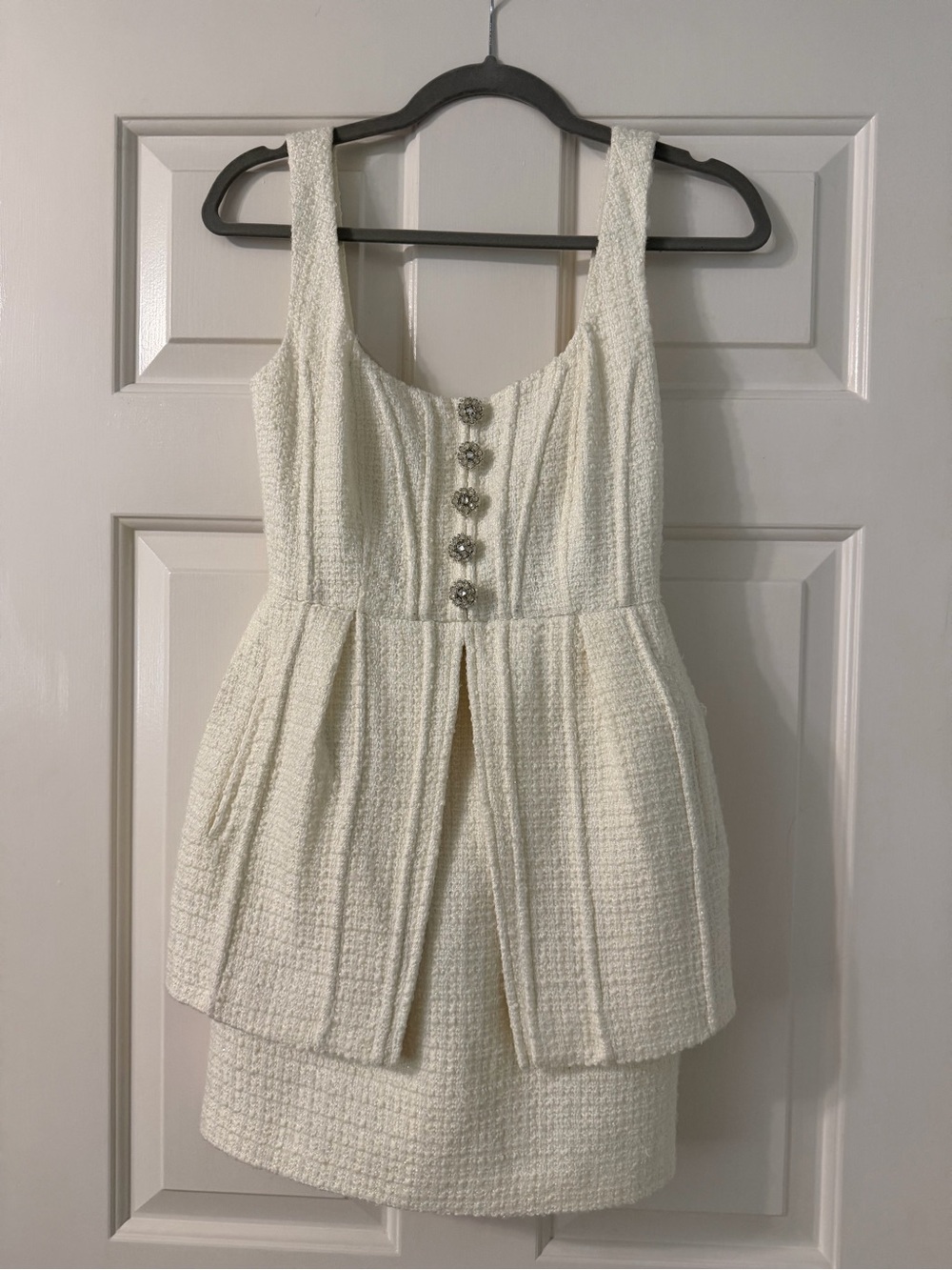Ivory Textured Boucle Mini Dress with Embellished Buttons